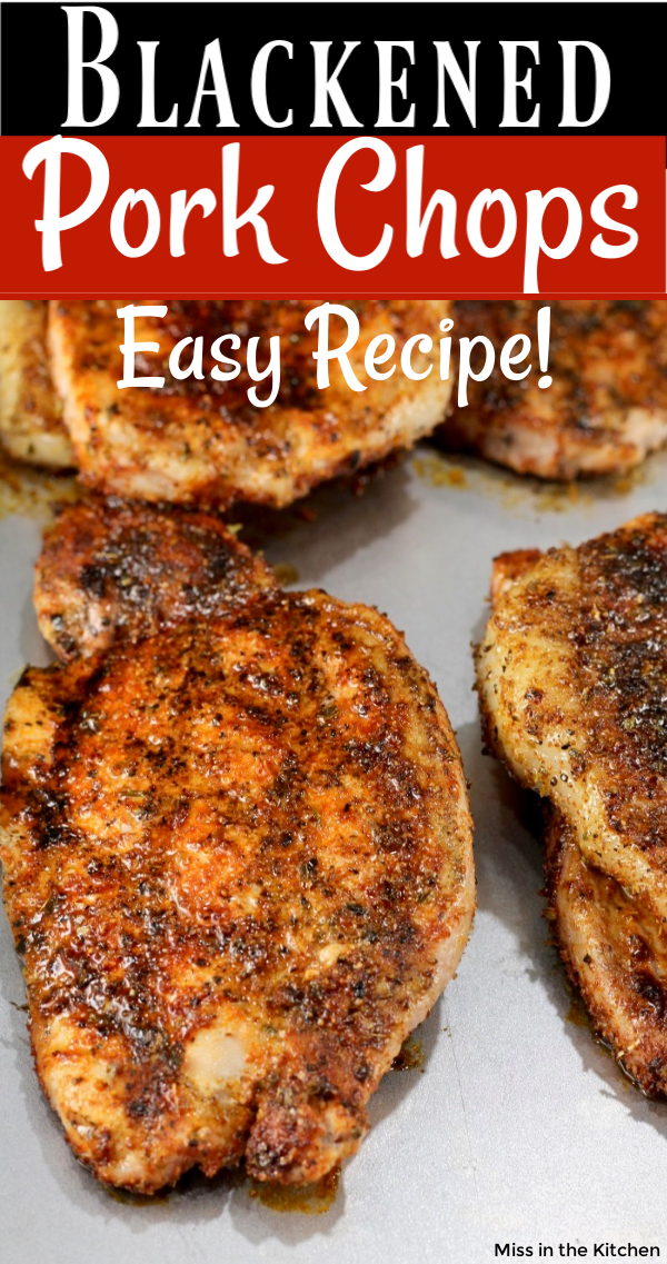 Blackened Pork Chops on a sheet pan with text overlay