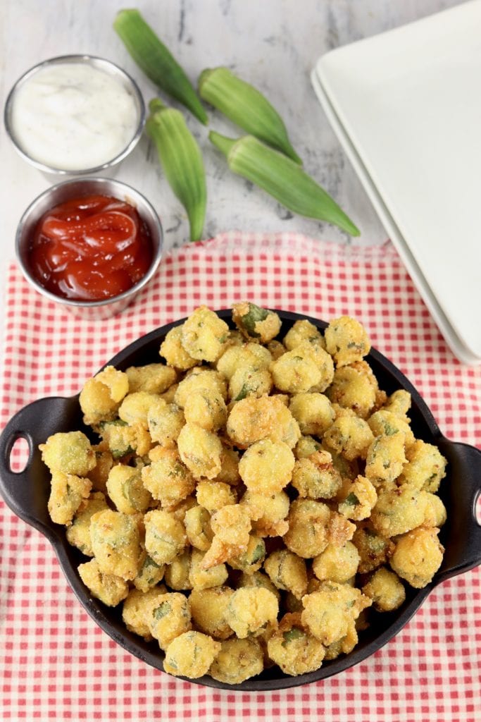 Fried okra with ketchup and ranch dressing for dipping
