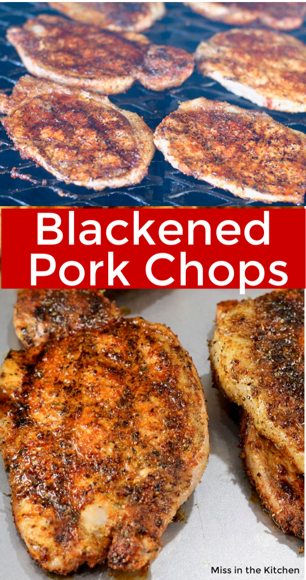 Blackened pork chops on the grill and on a sheet pan - collage with text overlay