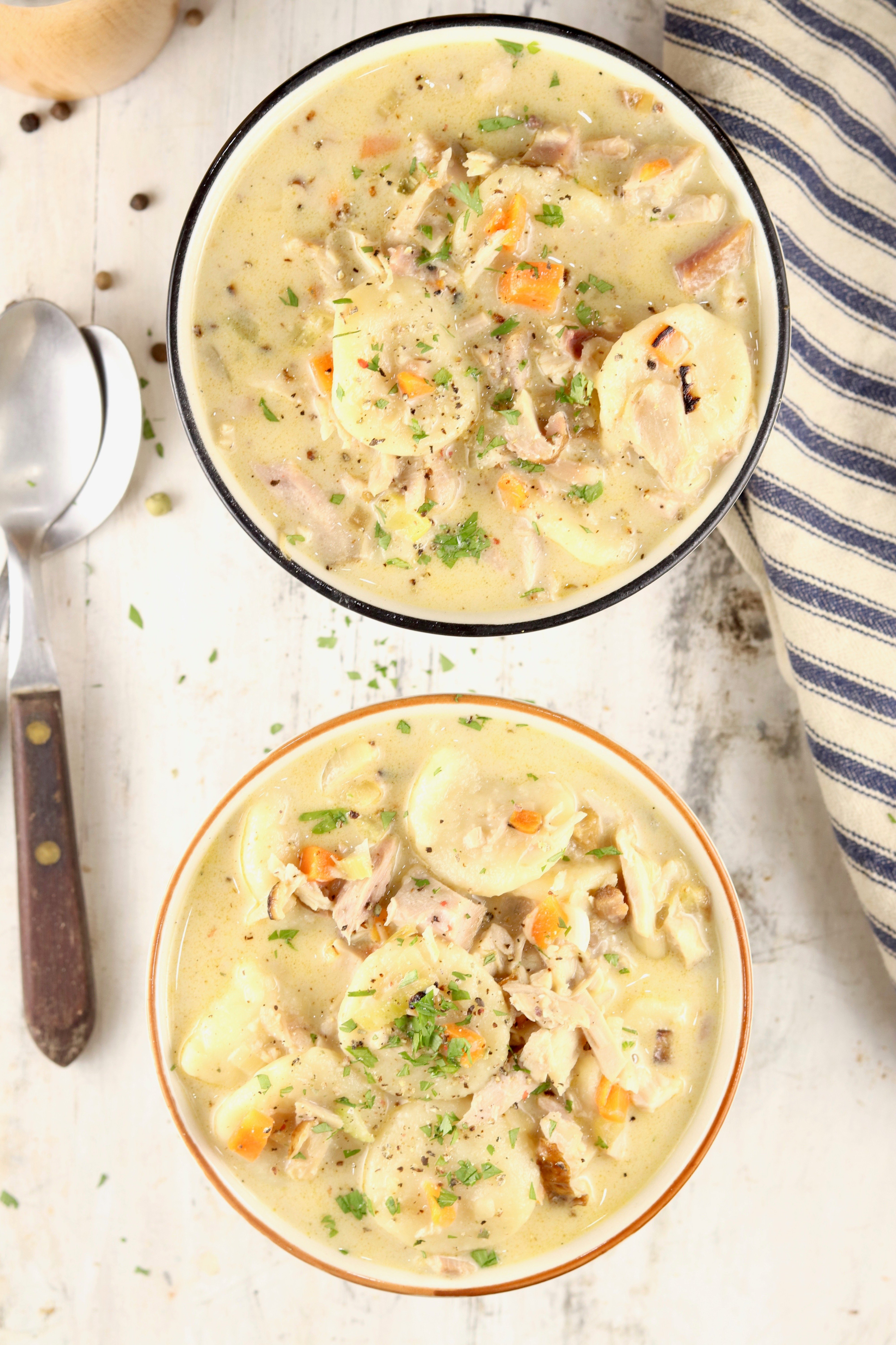 Two bowls homemade dumplings with turkey, carrots and celery