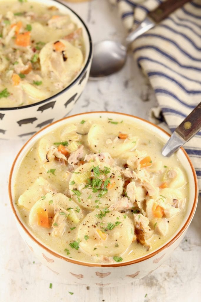 Creamy turkey and vegetable soup with dumplings from scratch