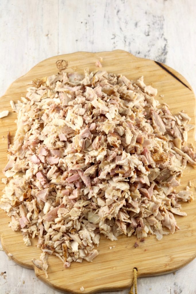 Diced smoked turkey on a wood board