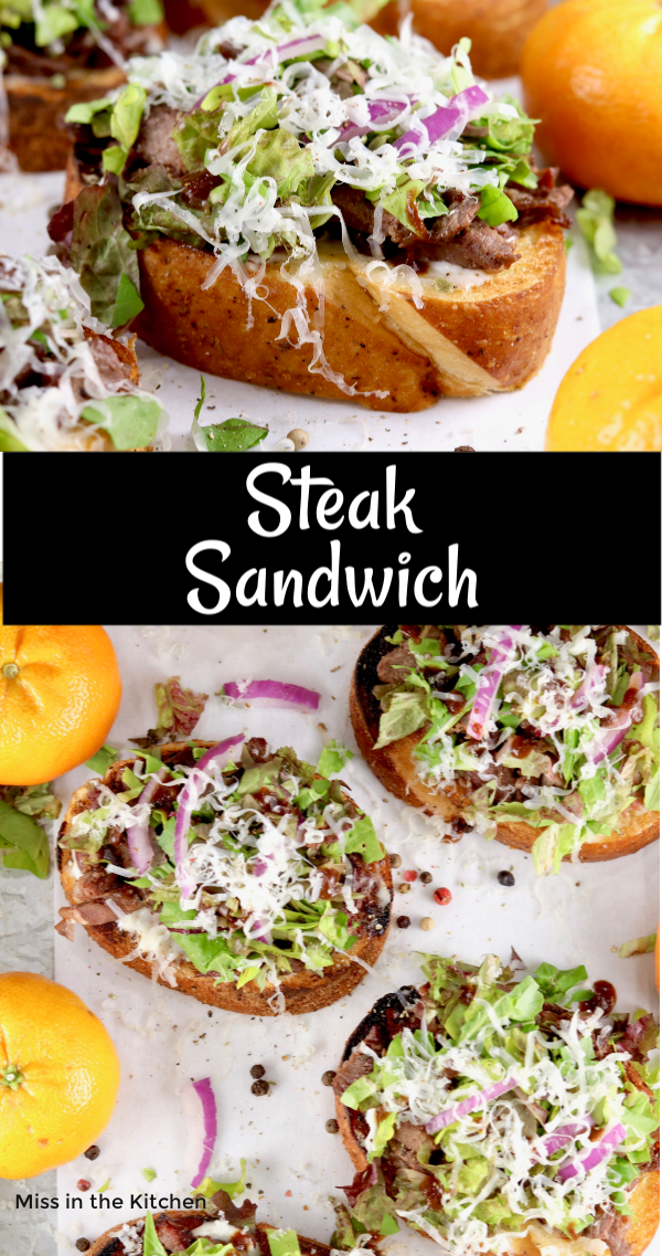 Steak sandwich photo collage with overhead view and text overlay