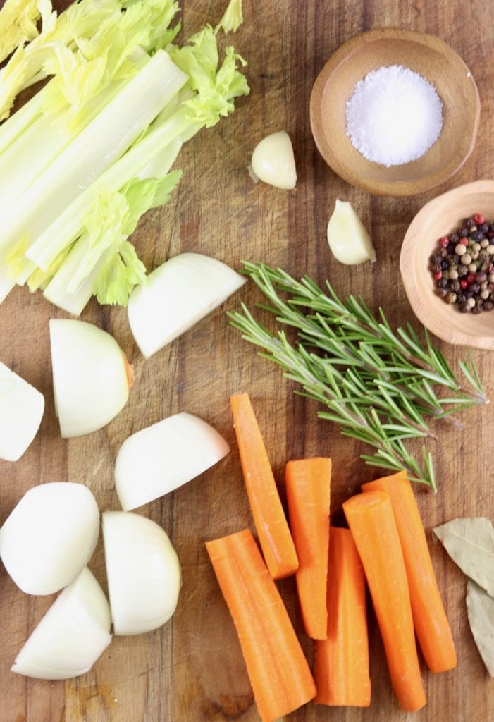 celery, onion, carrots, rosemary, bay leaf, garlic for turkey stock
