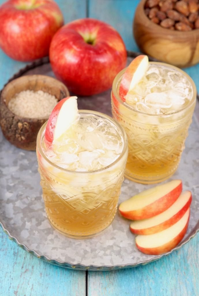 fall apple cider cocktails on a galvanized tray