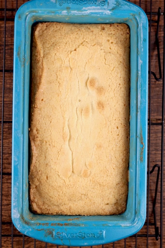 Baked Almond Pound Cake in blue loaf pan