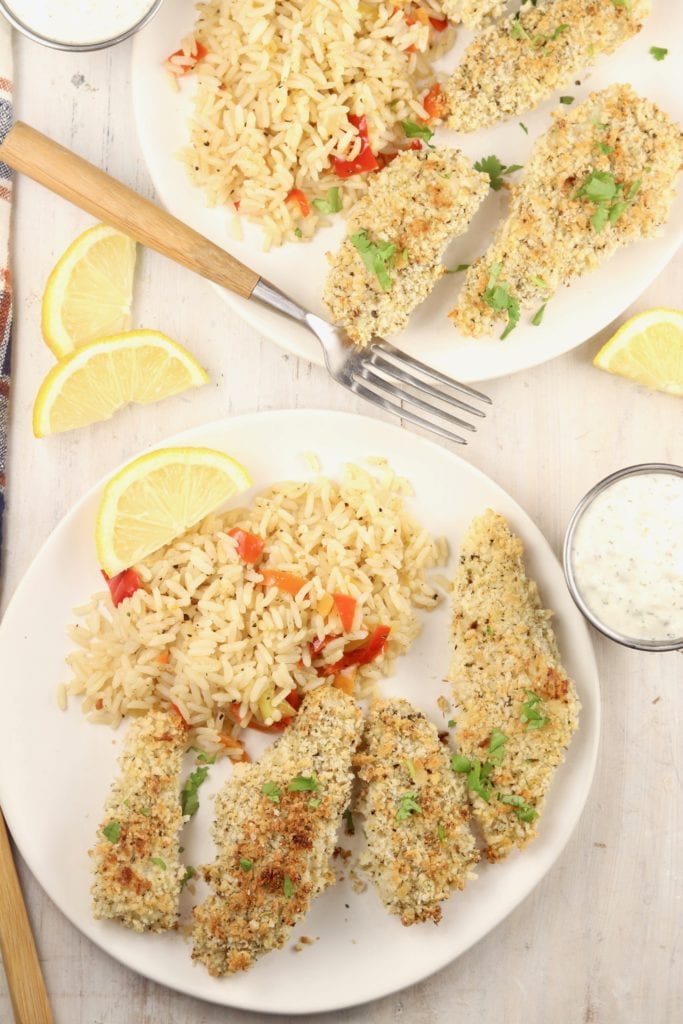 Fish Sticks with Panko crust served with lemon and rice