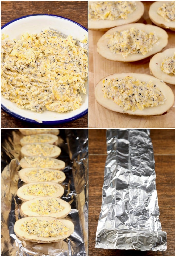 Stuffing potato halves with cheese and seasonings for grill packets