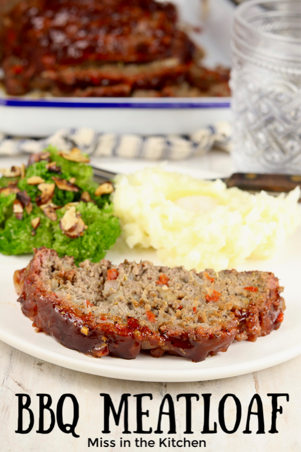 Plate of bbq meatloaf with broccoli and mashed potatoes