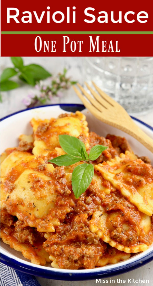 Ravioli with meat sauce with text overlay
