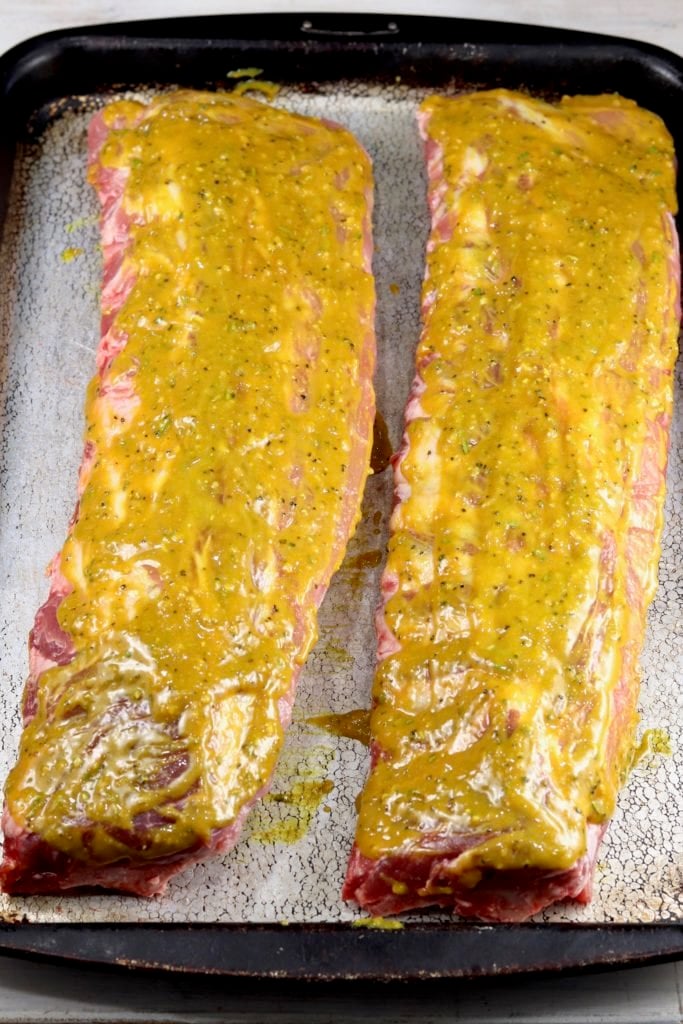 Ribs with mustard bbq sauce ready for the grill