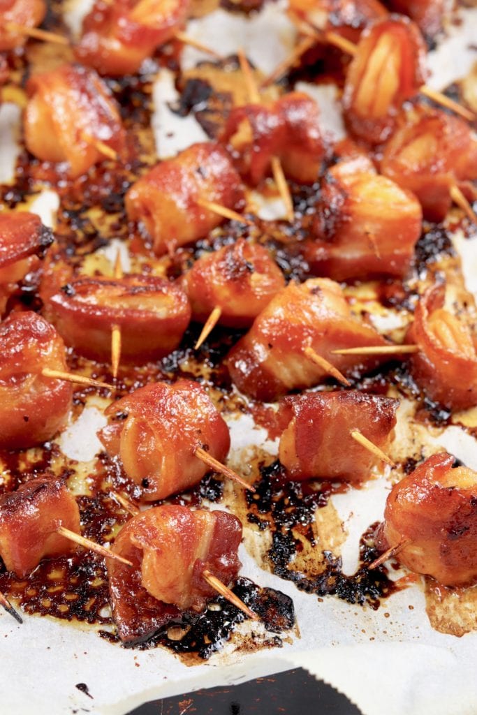 Bacon Wrapped Water Chestnuts on baking sheet