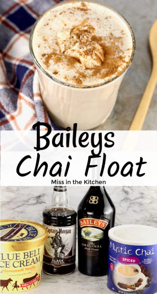 Text overlay photo collage of Baileys Chai Float Dessert Cocktail