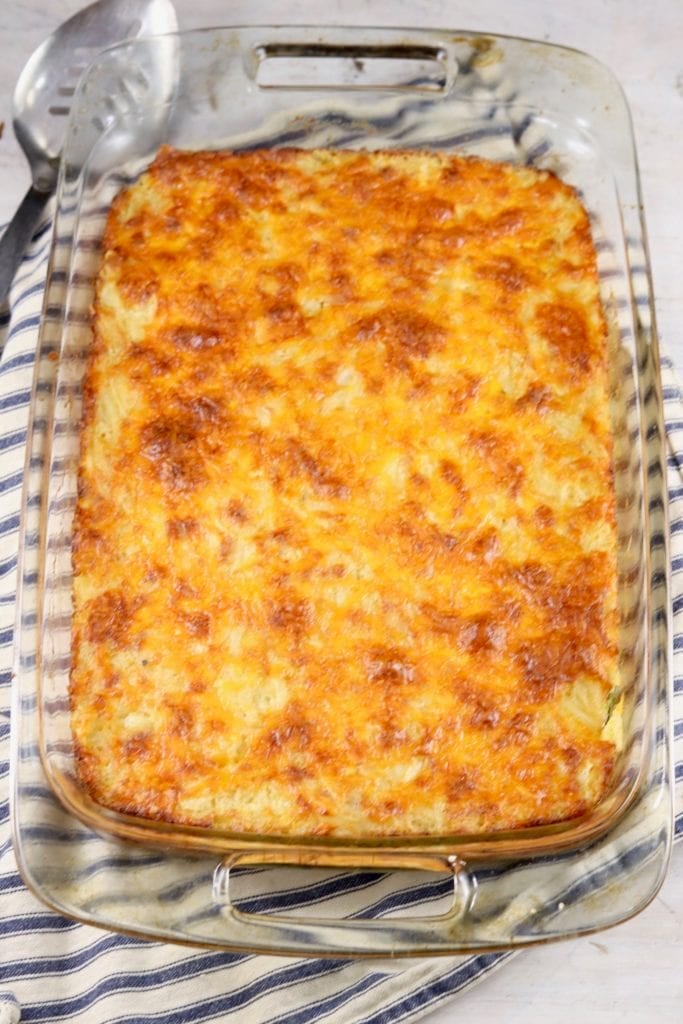 Baked potato casserole topped with cheese