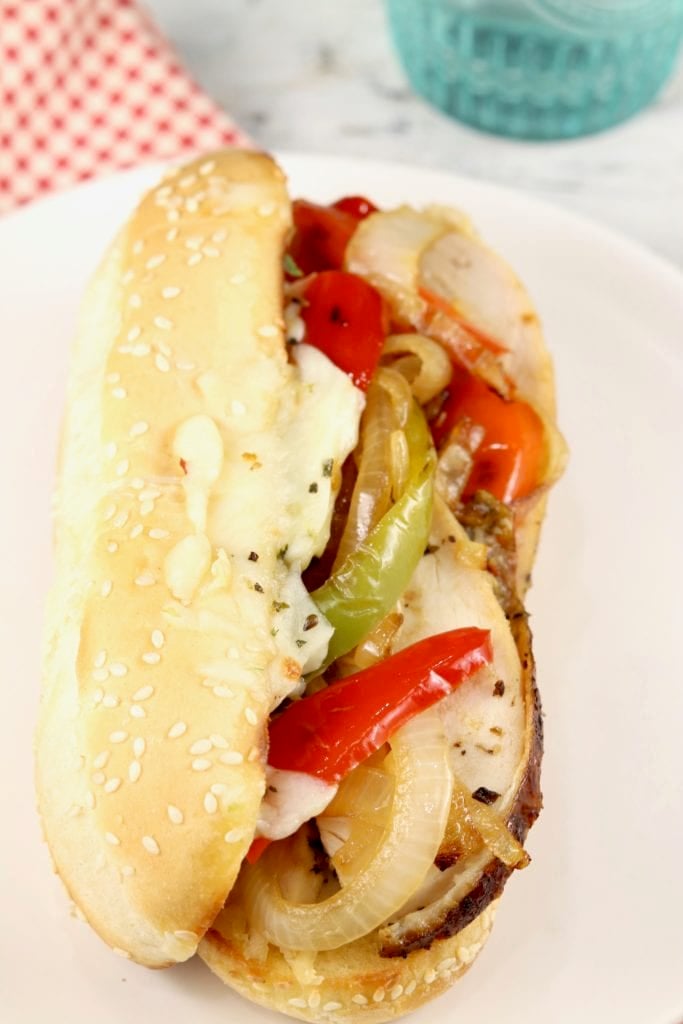 Chicken Sandwich with onions, peppers and cheese