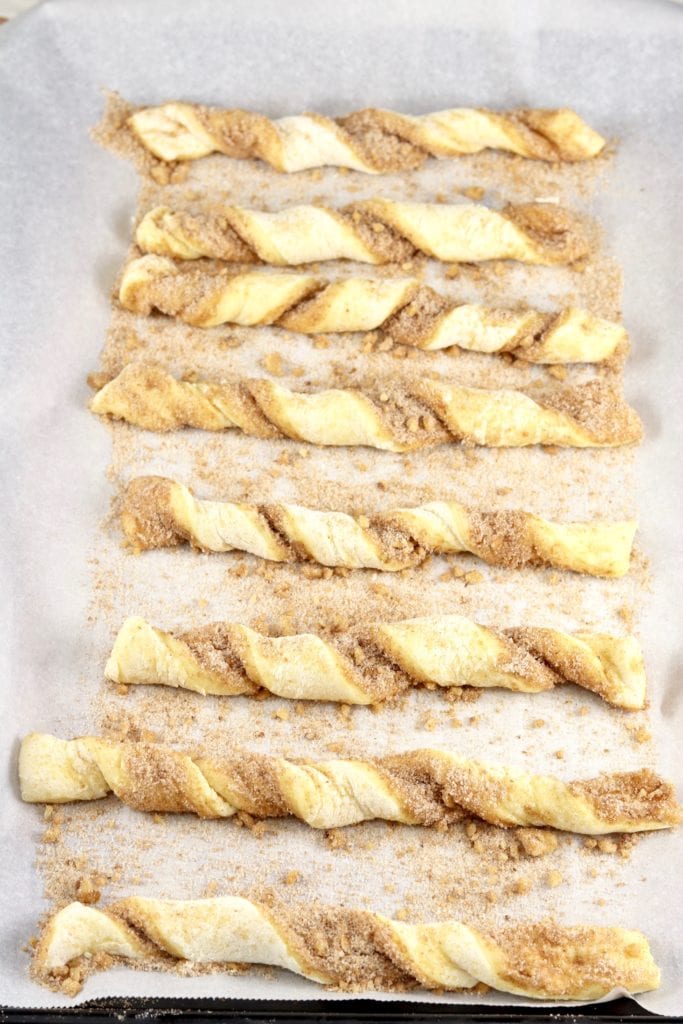Cinnamon Twists ready to bake on parchment paper