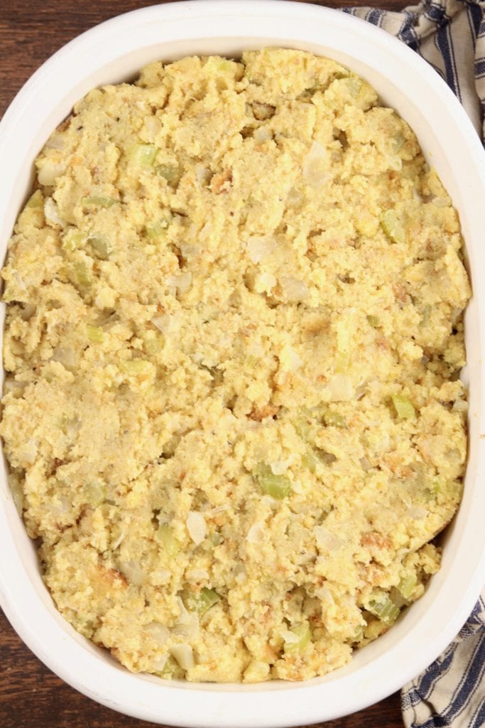 Cornbread Dressing ready for the oven