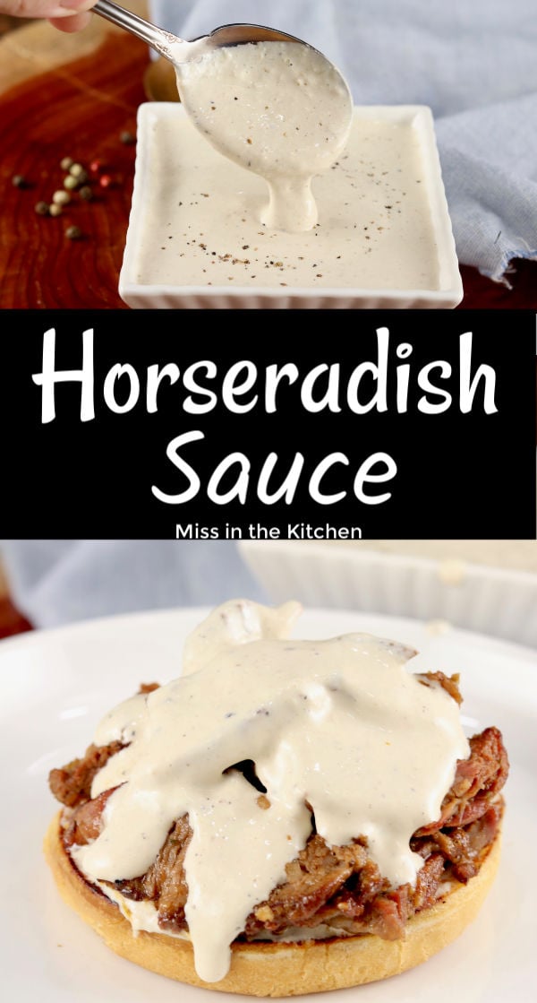 Collage of horseradish sauce and drizzled over sandwich