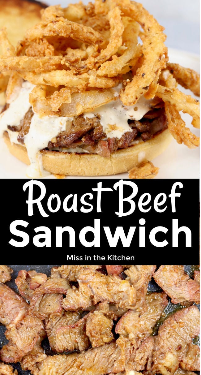 Collage of roast beef sandwich and sliced roast beef