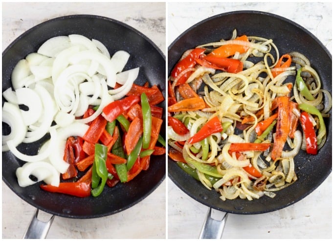 Sauteed Onions and Peppers collage - raw in the skillet, cooked