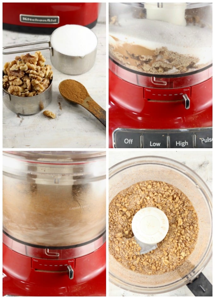 Collage- cinnamon, walnut and sugar mixture in processor