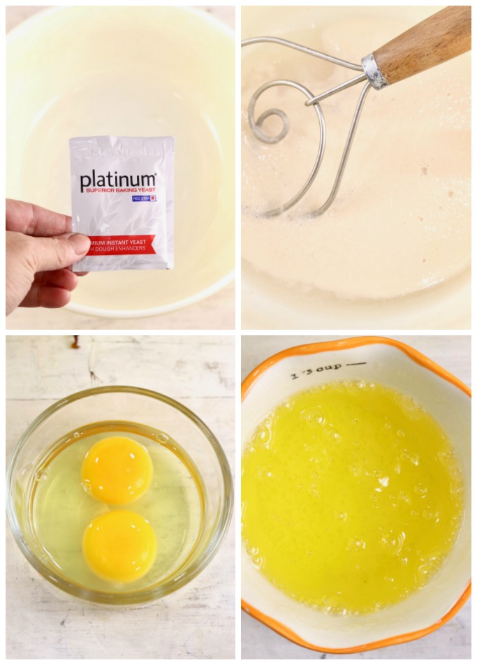Collage, yeast, water and yeast, eggs, butter