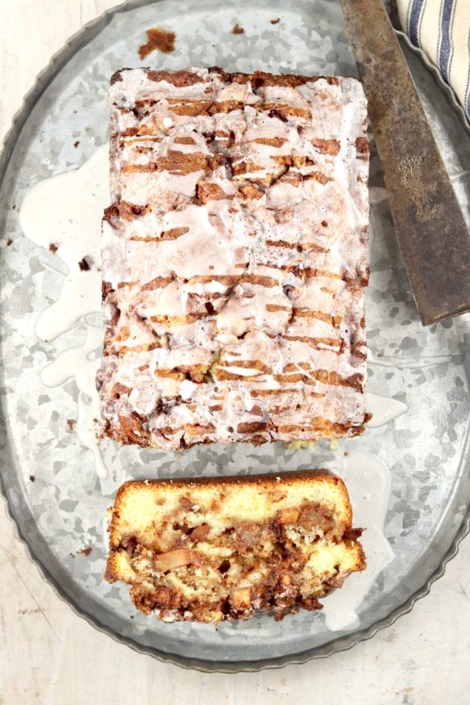 Apple fritter cake drizzled with icing