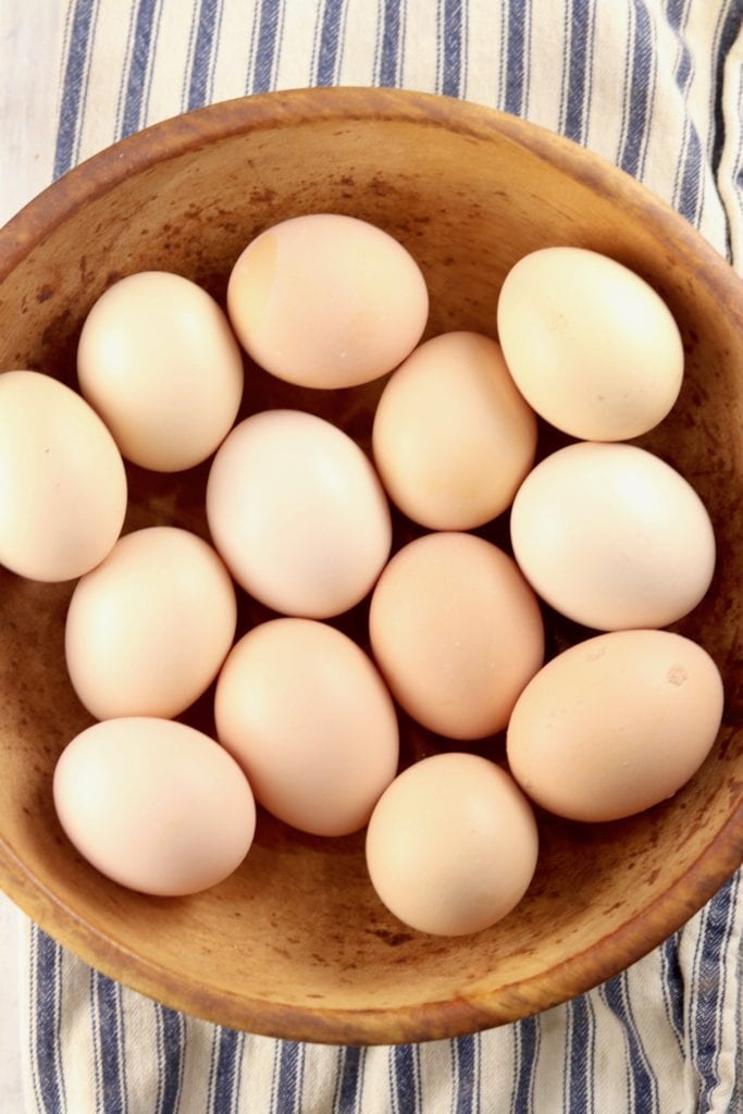 Fresh Brown Eggs in a wood bowl