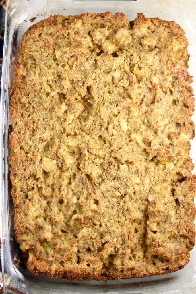 Chicken and dressing Thanksgiving casserole in a baking dish