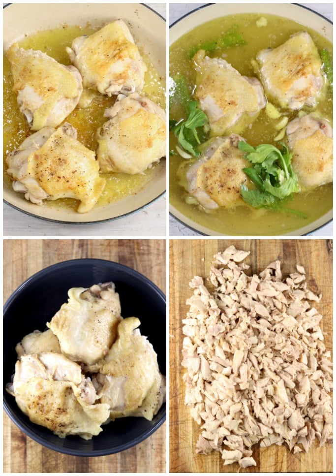 Collage of cooking chicken thighs to shredded chicken