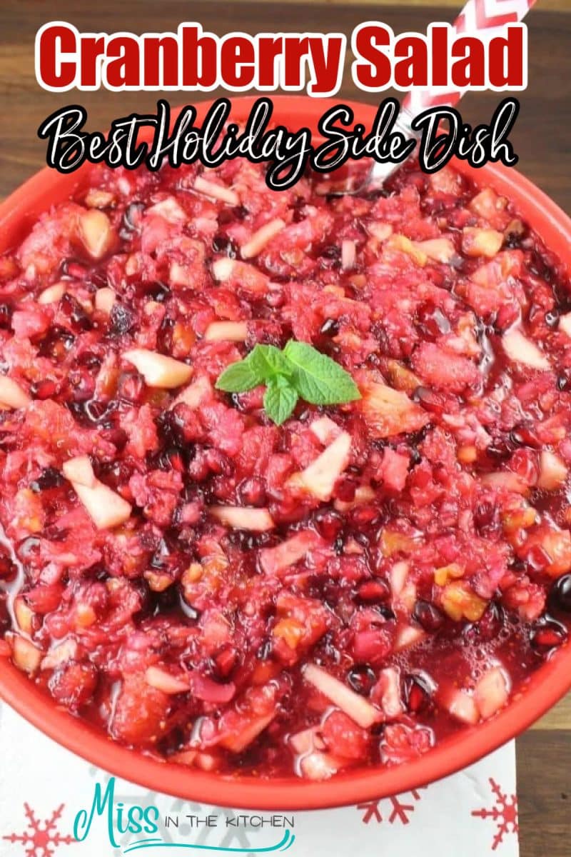 Cranberry salad in a bowl with text overlay.