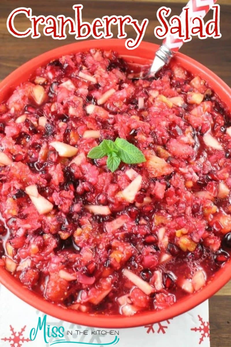 Bowl of cranberry salad with text overlay.