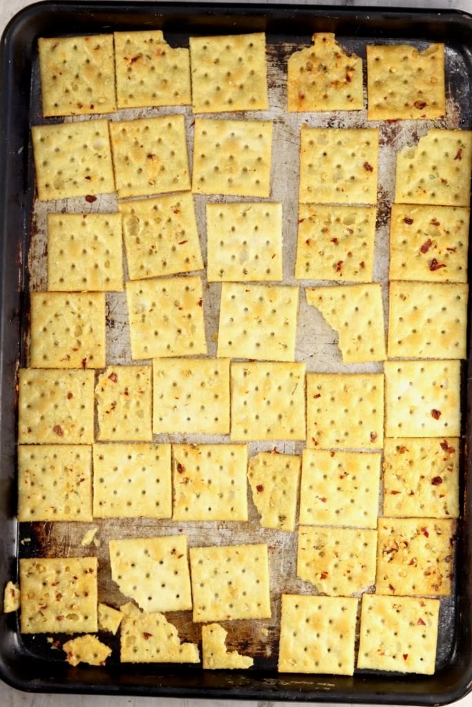 fire cracker saltines on a baking sheet