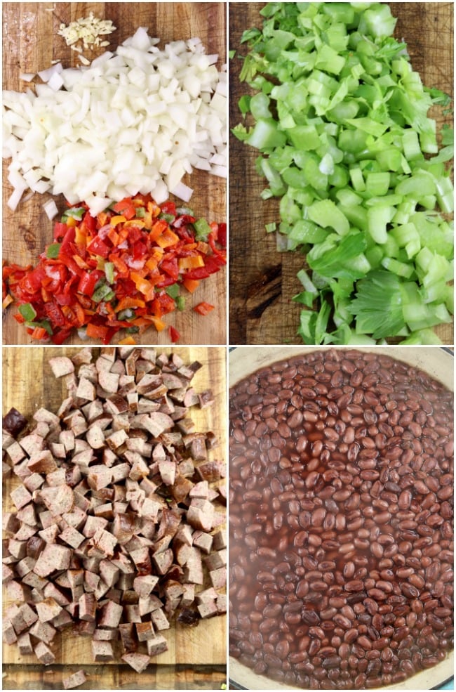 Ingredients collage for red beans and rice, peppers, onions, celery, smoked sausage and beans