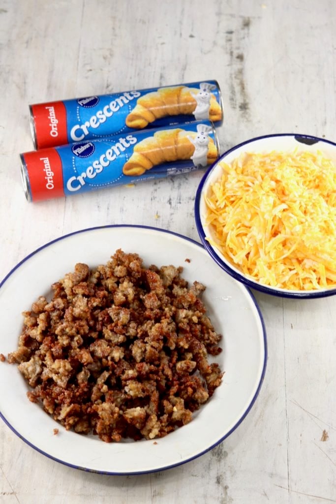 Ingredients for sausage stuffed waffles - cheese and crescent dough