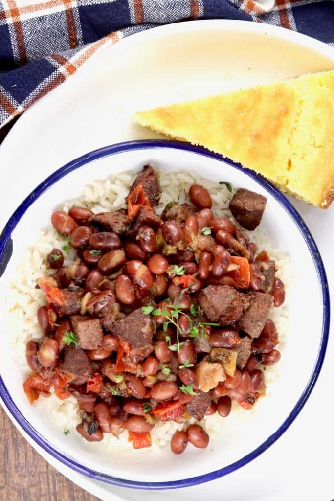 Red beans and rice with cornbread slice
