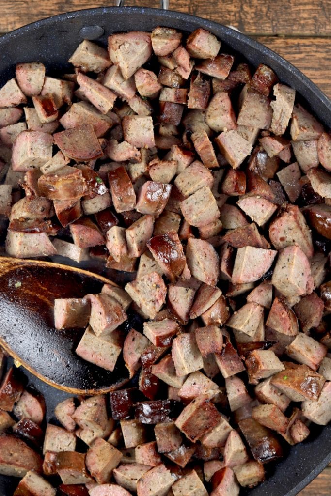 diced smoked sausage in a skillet