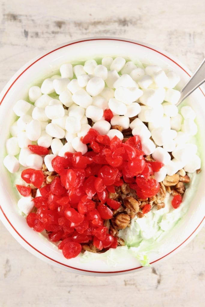 Watergate Salad holiday dessert cherries, pecans and marshmallows for watergate salad