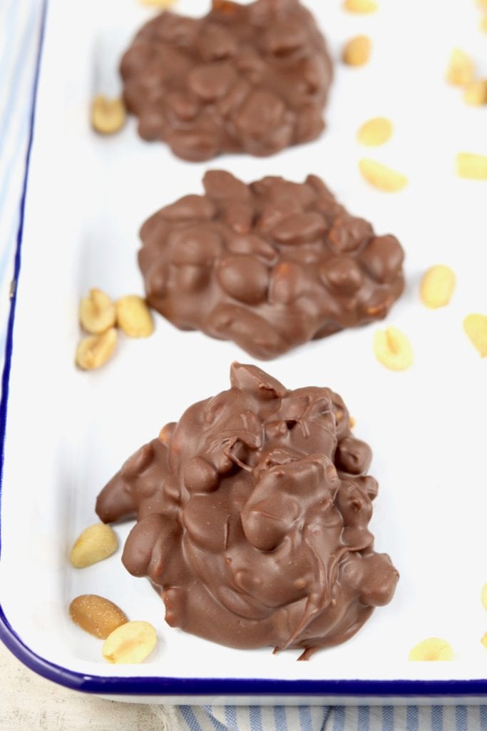 Tray of chocolate covered peanut clusters