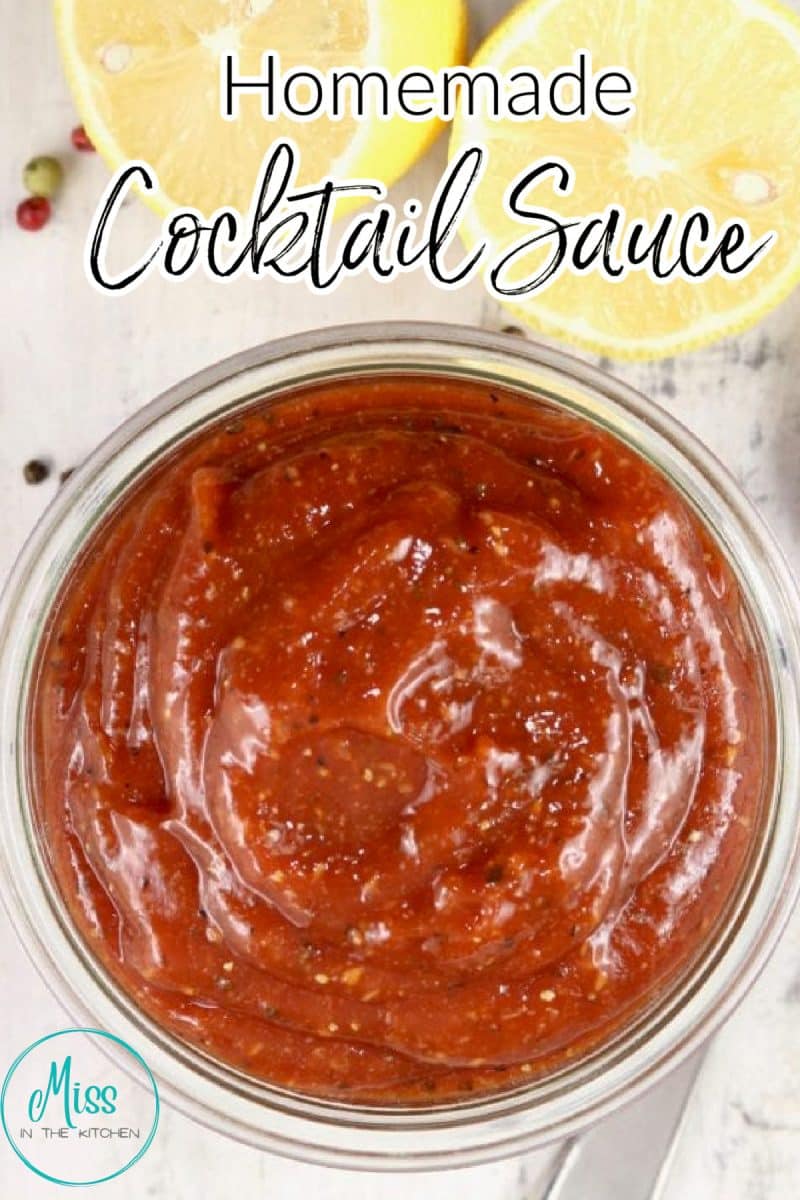 Bowl of cocktail sauce with text overlay.