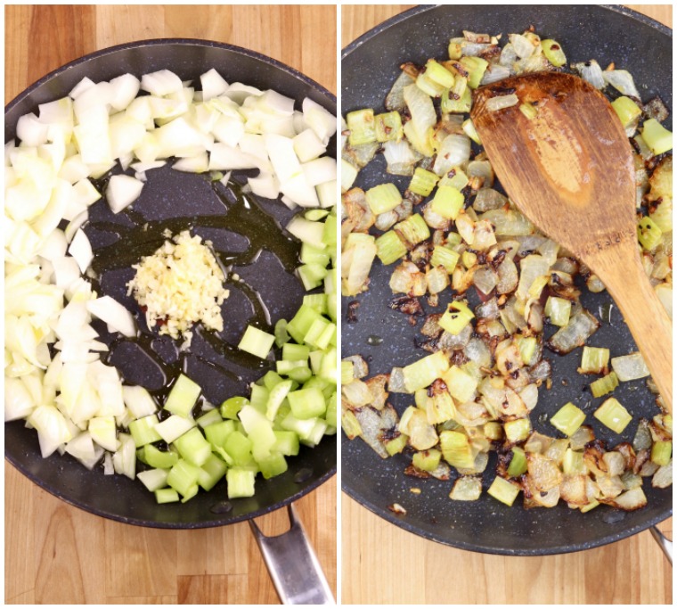 skillet collage with onions, garlic and celery