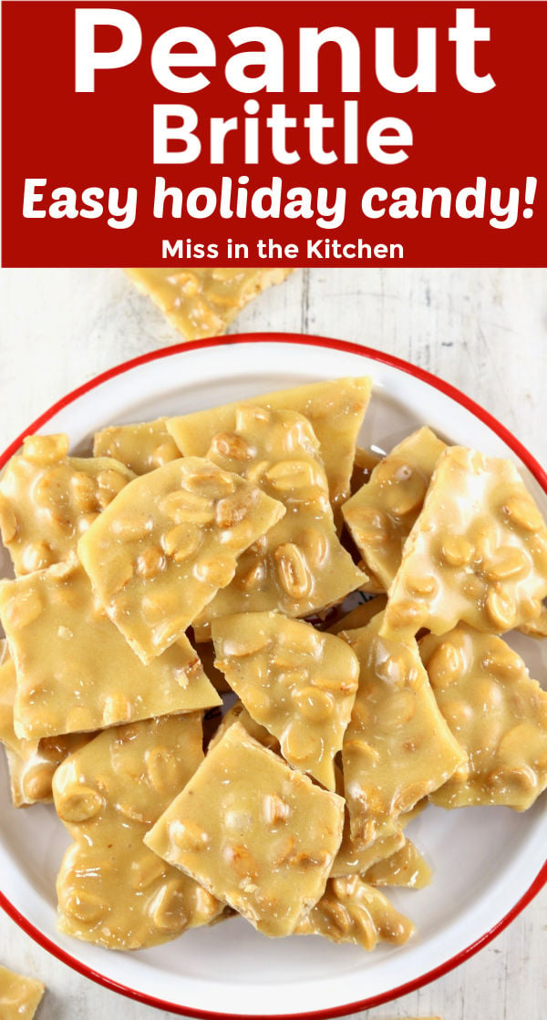 Peanut Brittle pieces on a plate with text overlay