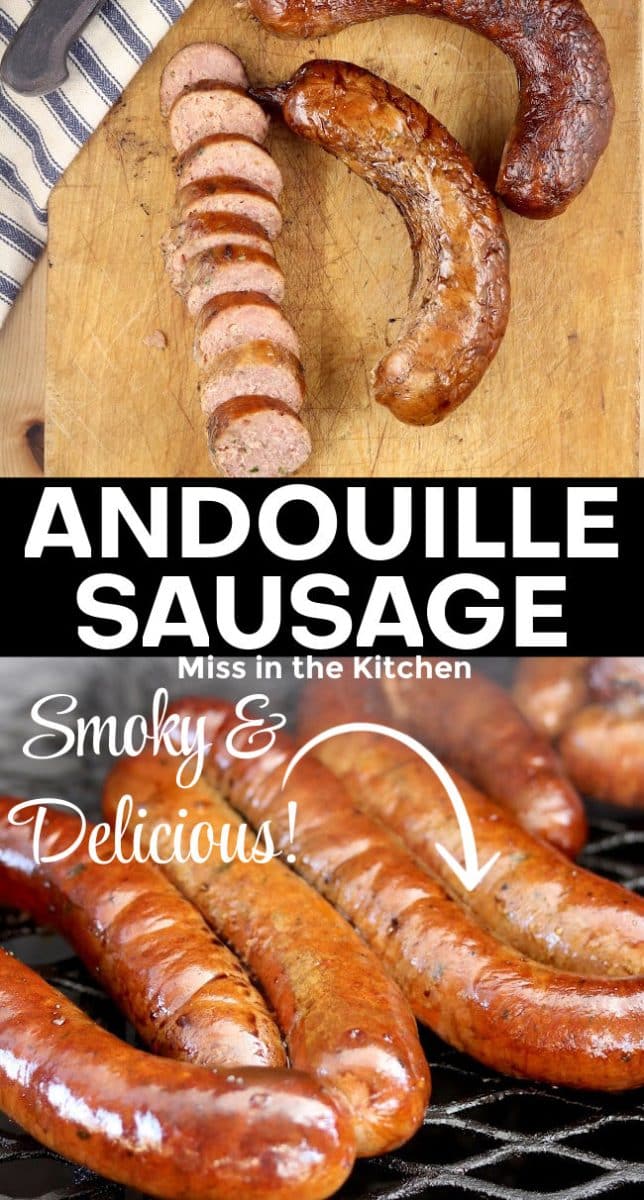 Collage of andouille sausage, sliced/on the grill.
