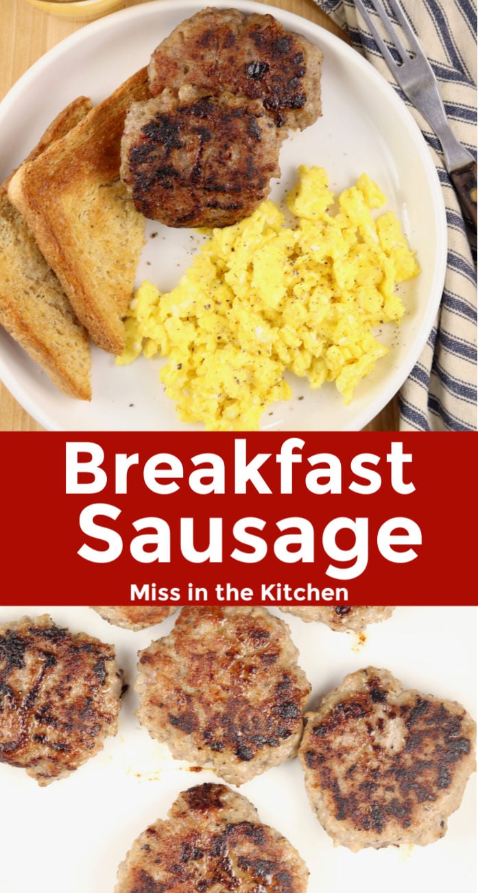 homemade breakfast sausage with eggs and toast - photo collage