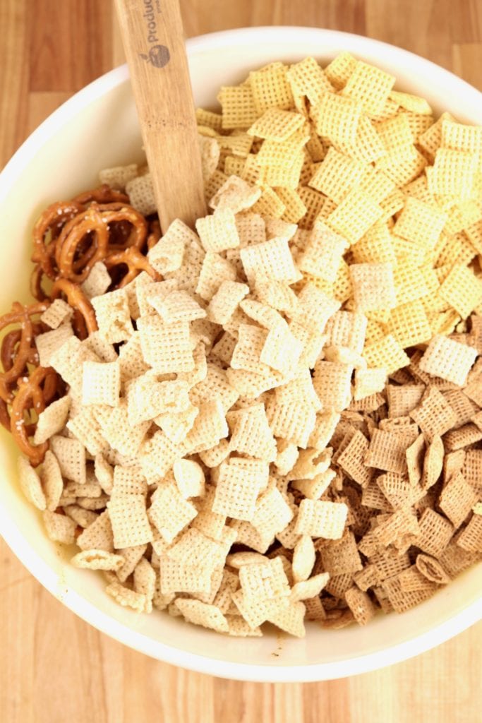 Pretzels and chex cereal in a bowl for snack mix