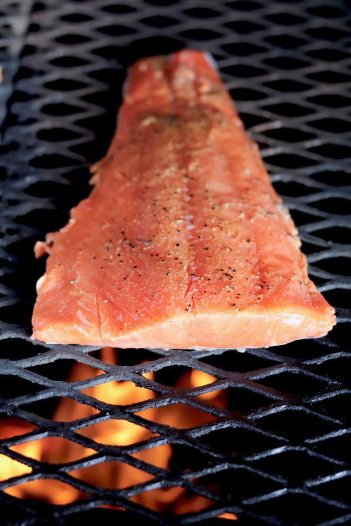 Salmon filet on grill over fire