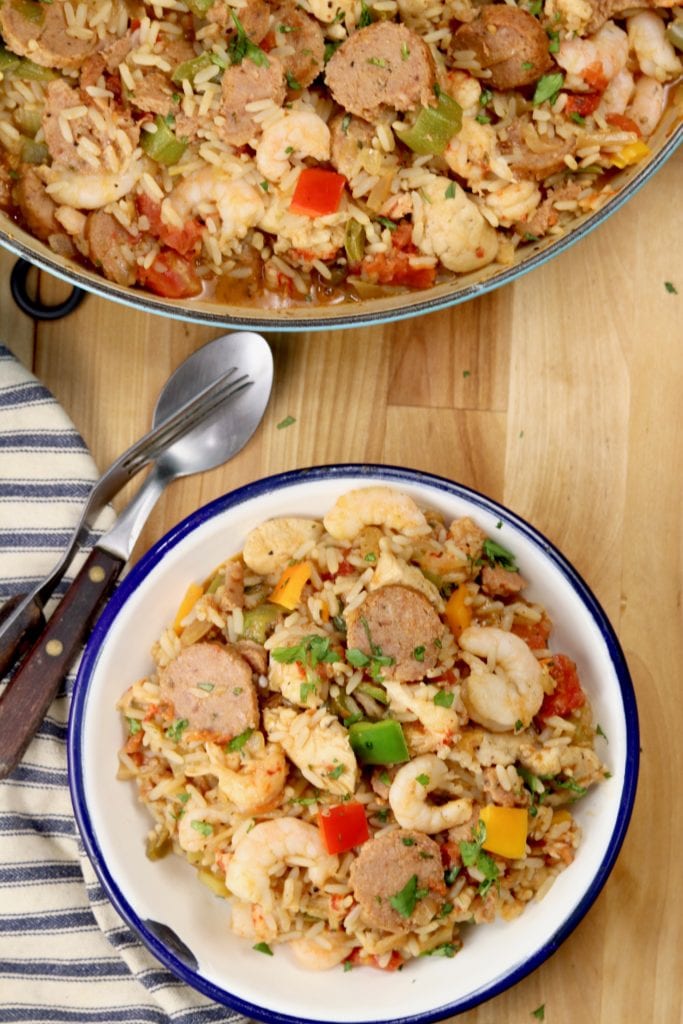 Pan and plated Jambalaya with chicken, sausage and shrimp