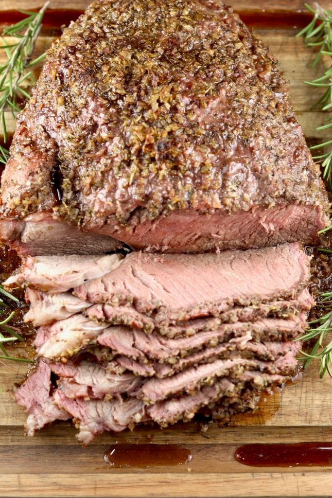 Overhead of sliced rare roast beef