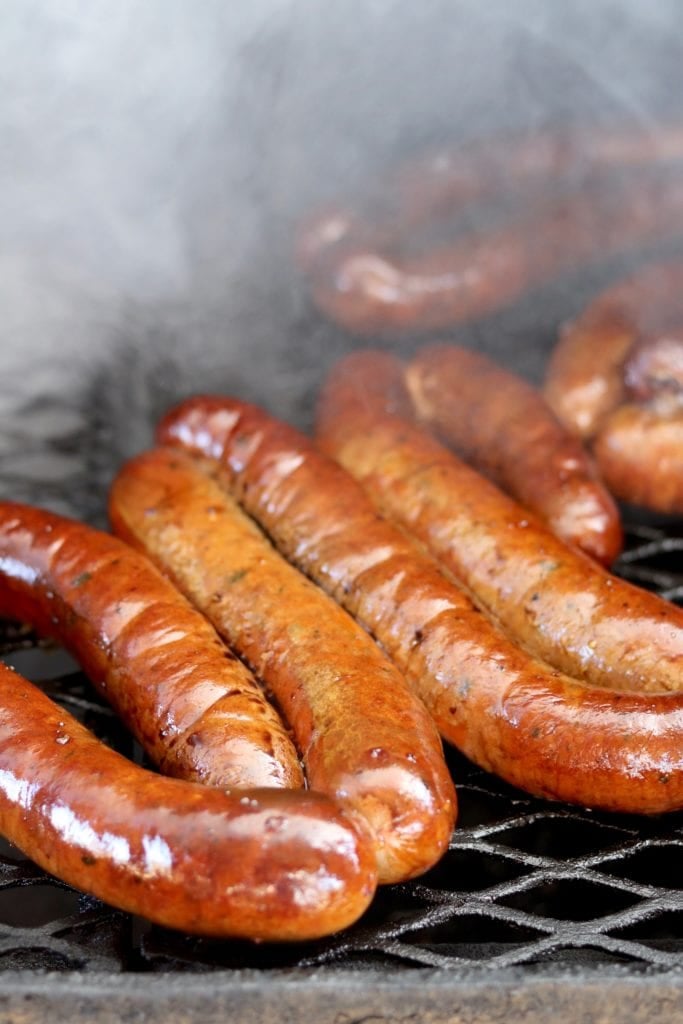 Smoked Andouille Sausages on a grill