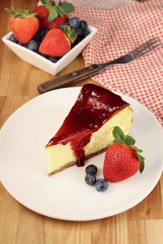 Raspberry jam topped cheesecake